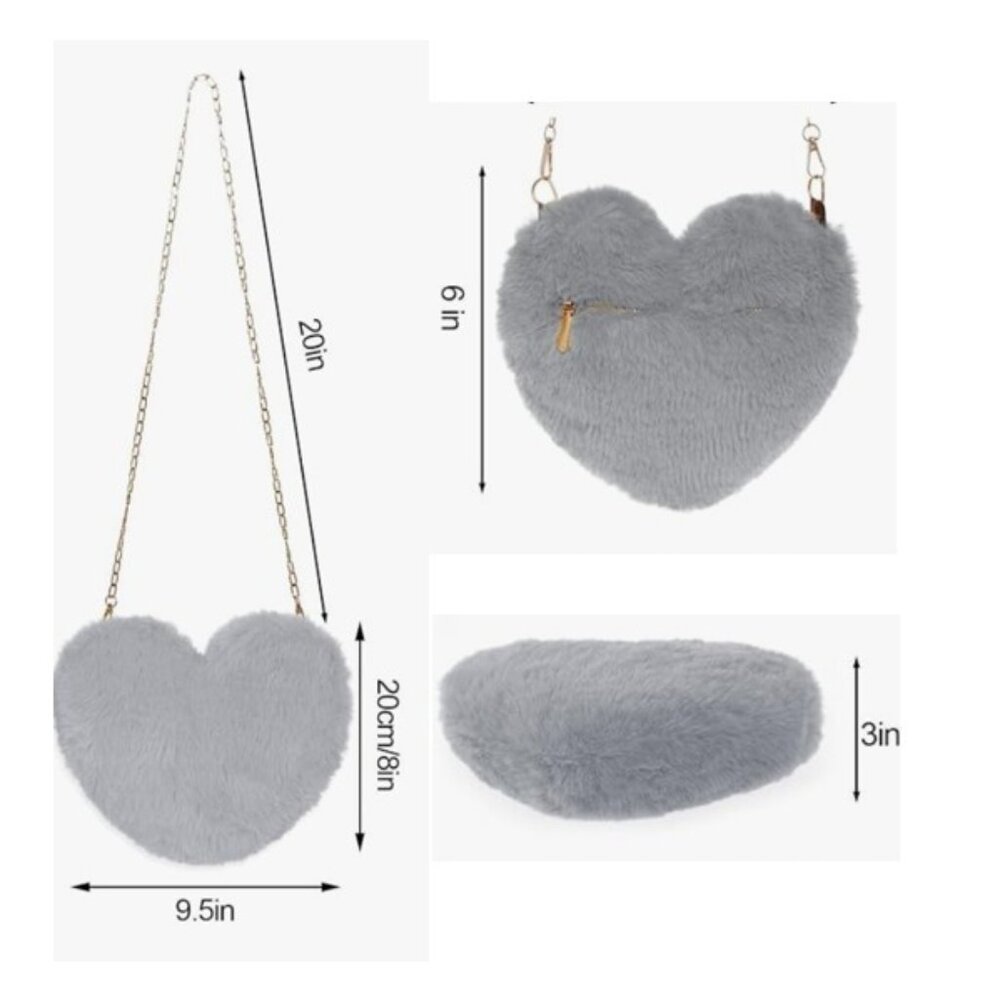 Heart-Shaped Faux Fur (Light Gray) Crossbody Shoulder Bag Purse (NEW & SO CUTE!) - Picture 4 of 9